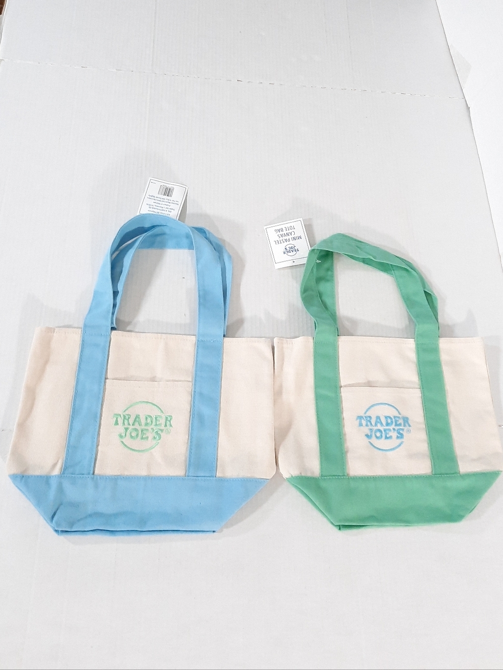 Trader Joe's Mini Pastel Canvas Tote Bag in 1 Green, 1 Blue NWT Set of 2